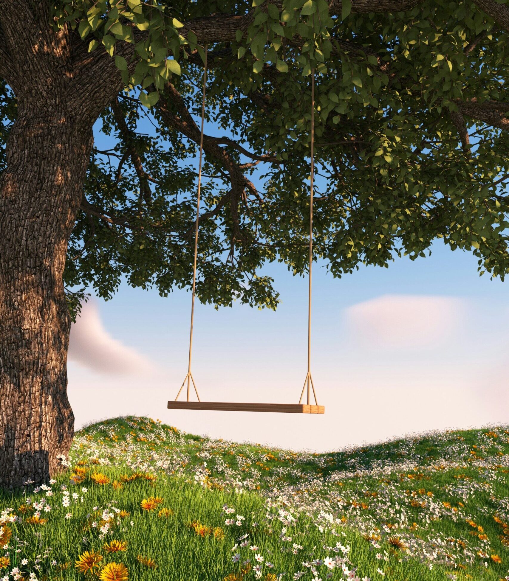 Ein Baum in einer Blumenwiese, am Ast hängend eine Schaukel